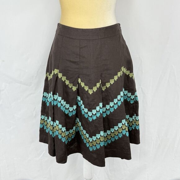 Ann Taylor LOFT Brown Pleat Skirt Embroidered Chevron Pattern 2P Linen - Picture 1 of 16